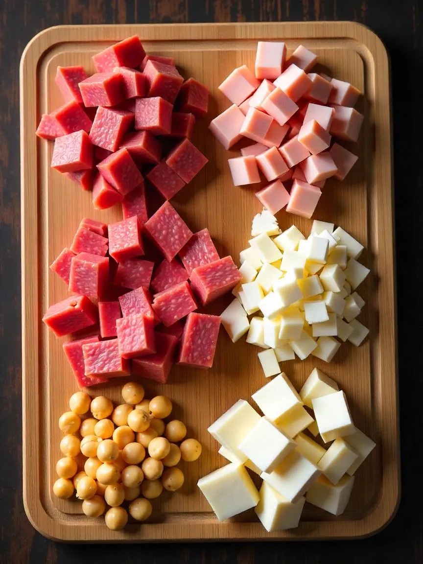An assortment of classic and vegetarian okroshka proteins—beef, sausage, ham, chicken, eggs, chickpeas, and tofu—beautifully arranged on a wooden board. 