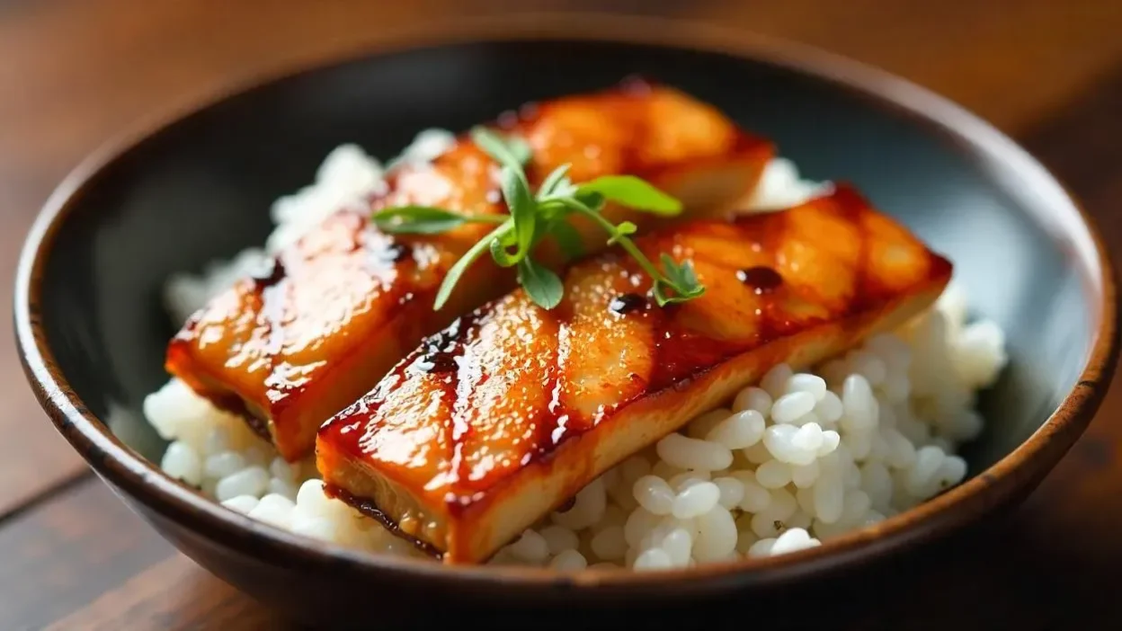 Unagi no Kabayaki — grilled eel glazed with sweet soy-based sauce, served over rice.
