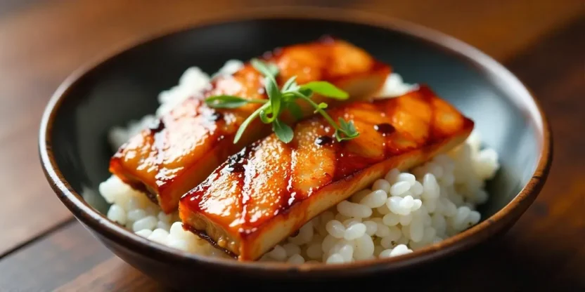 Unagi no Kabayaki — grilled eel glazed with sweet soy-based sauce, served over rice.