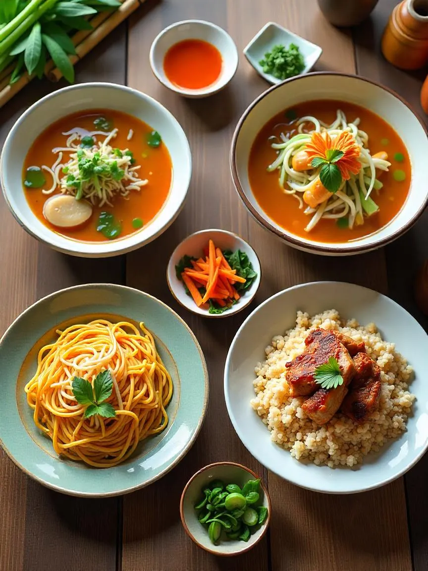 Three Vietnamese regional dishes — pho from the North, mì quảng from the Central coast, and broken rice from the South — each showcasing distinct local flavors. 