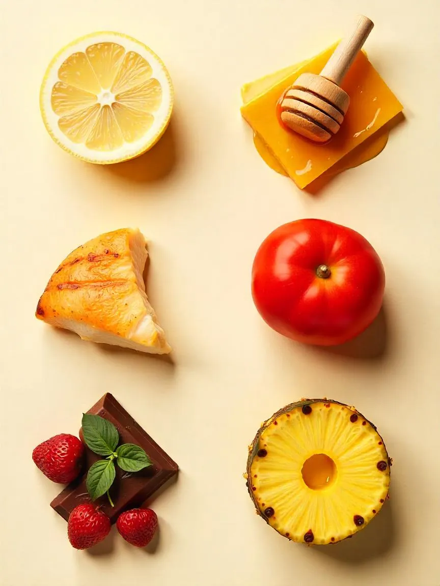 A flat-lay image showing natural ingredient pairings that reflect flavor principles. Each duo is presented cleanly and realistically on a neutral background. 