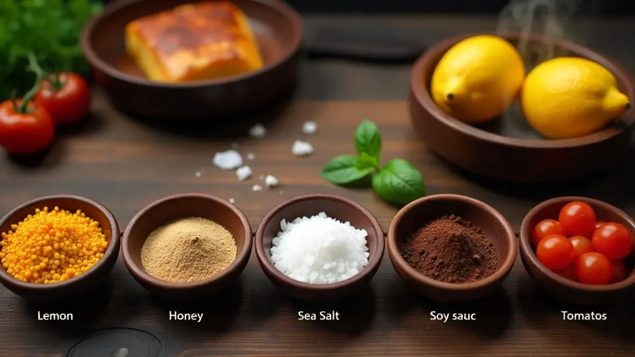 A beautifully styled kitchen table featuring bowls of ingredients that represent the five core tastes—sweet, salty, sour, bitter, and umami—captured in warm natural light.