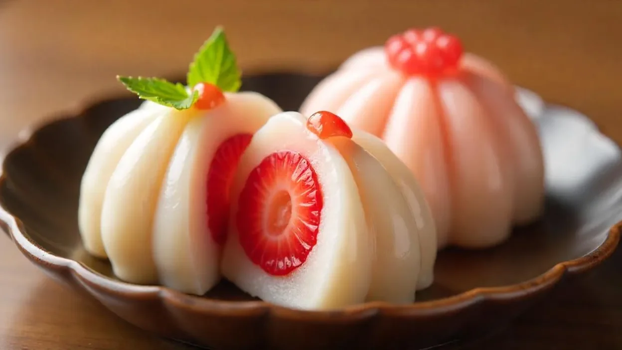 Traditional Japanese wagashi dessert strawberry daifuku arranged neatly on a white plate, highlighting the chewy mochi texture and juicy strawberry filling.
