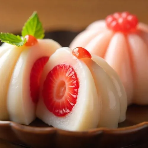Traditional Japanese wagashi dessert strawberry daifuku arranged neatly on a white plate, highlighting the chewy mochi texture and juicy strawberry filling.