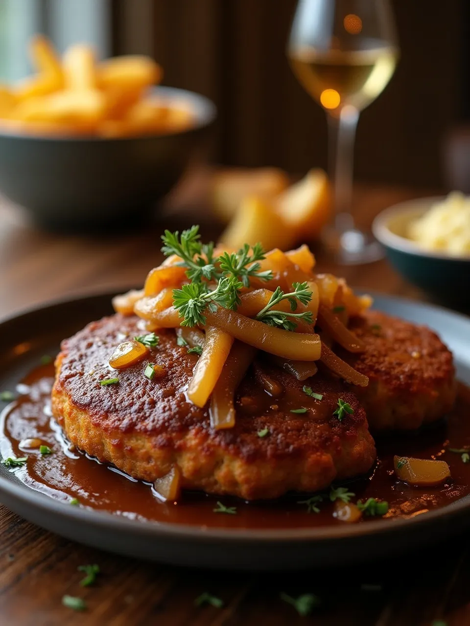 Traditional Danish hakkebøf meal featuring juicy beef patties, soft onions, and rich sauce with potatoes on the side.