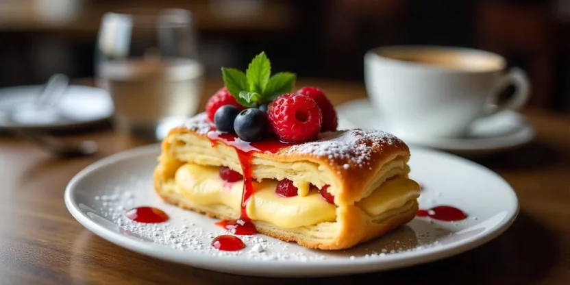 Assorted Danish pastries with fruit and custard fillings, displayed on a wire rack.