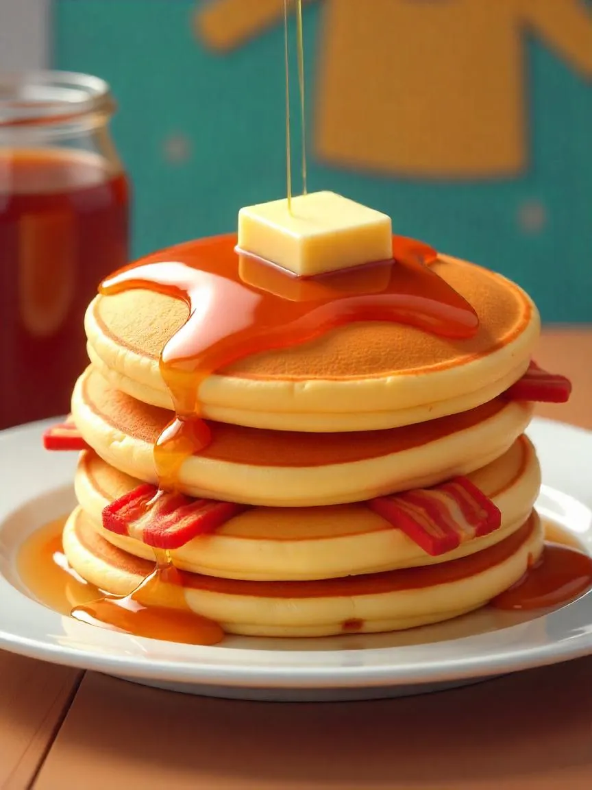 Stack of bacon pancakes with syrup and butter, filled with crispy bacon pieces, set against a colorful cartoon-style Adventure Time background.

