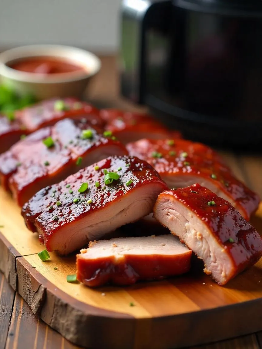 Air-fried BBQ ribs with glossy sauce and charred edges, served on a wooden board with extra sauce and herbs.
