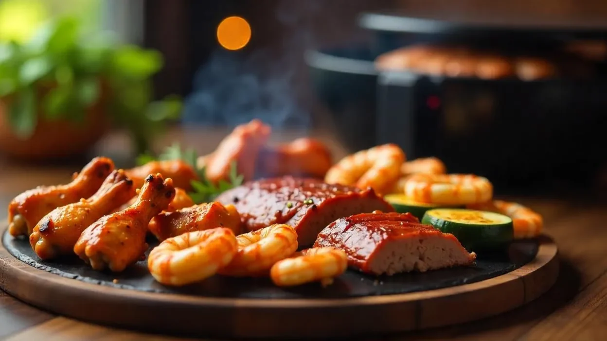 Assorted air-grilled dishes including chicken wings, shrimp skewers, smoked meatloaf, BBQ ribs, and grilled vegetables on a rustic platter.