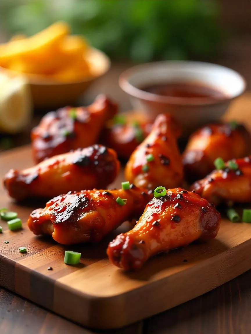 Air-grilled BBQ chicken wings glazed with sauce and served on a wooden board with dipping sauce and fresh herbs.