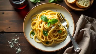 A bowl of al dente spaghetti with herbs and Parmesan, served on a rustic table with wine and bread, highlighting traditional Italian cooking.