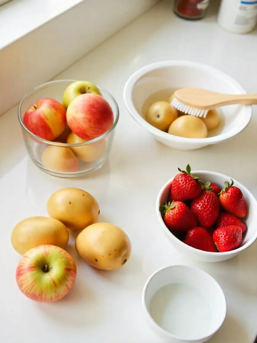 Different produce being cleaned using various methods—scrubbing apples, soaking potatoes, and rinsing strawberries—with vinegar and baking soda nearby. 