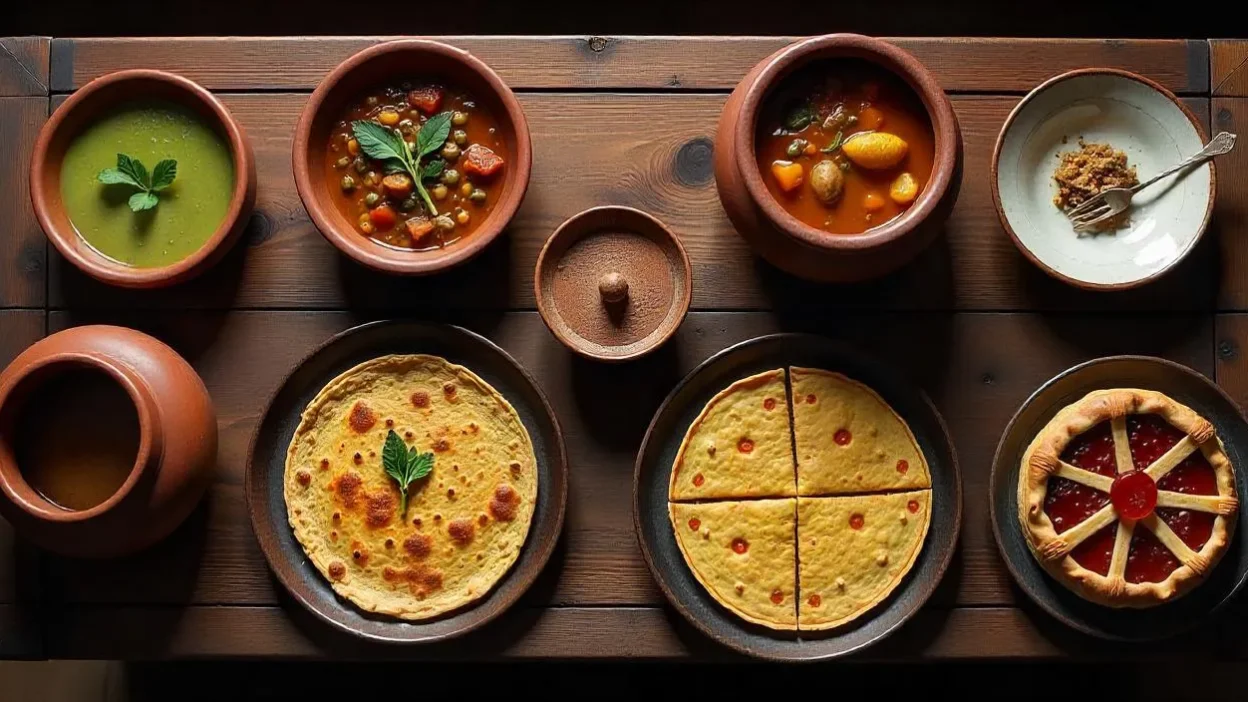 Photorealistic top-down view of five ancient global dishes, including nettle pudding, curry, stew, pancakes, and Linzer Torte on a rustic wooden table.