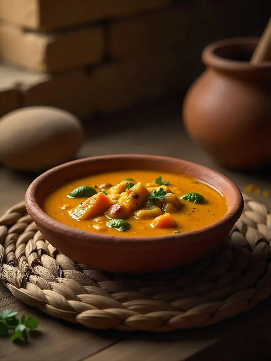 Photorealistic image of ancient Indian curry in a clay bowl with visible spices, placed on a woven mat in a rustic Indus Valley–style kitchen setting.