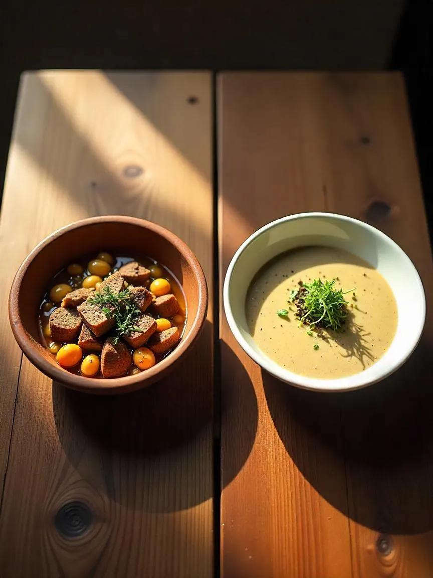 Photorealistic split image comparing a medieval vegetable stew and bread with a modern mushroom soup and sourdough, showing how ancient meals evolved into today’s cuisine.