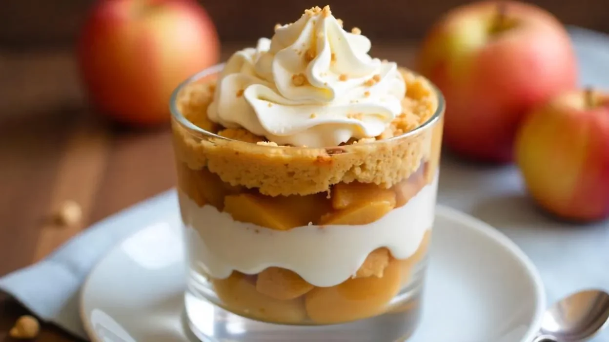 Traditional Danish layered apple dessert with stewed apples, toasted breadcrumbs, and whipped cream in a glass.
