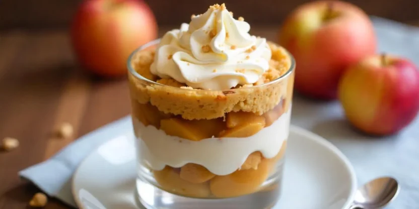 Traditional Danish layered apple dessert with stewed apples, toasted breadcrumbs, and whipped cream in a glass.