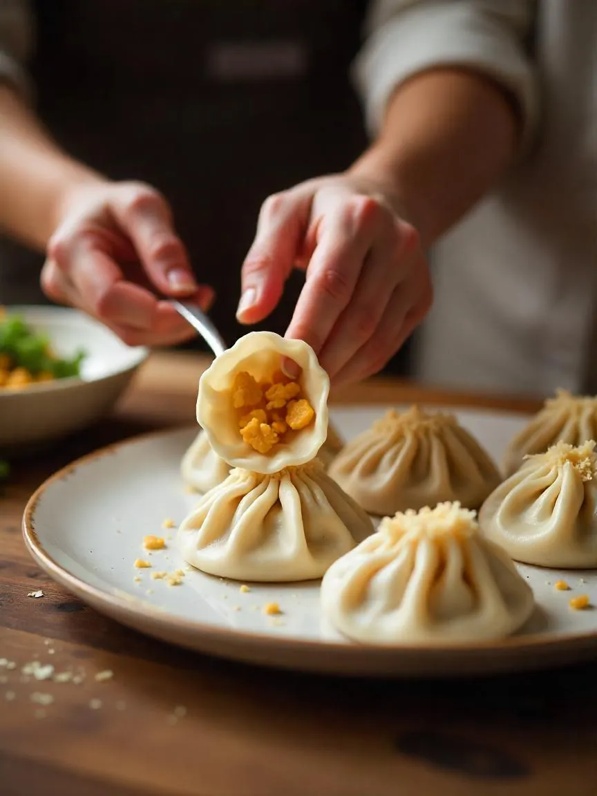 Hands assembling dumplings by adding filling and sealing the wrapper on a wooden surface.