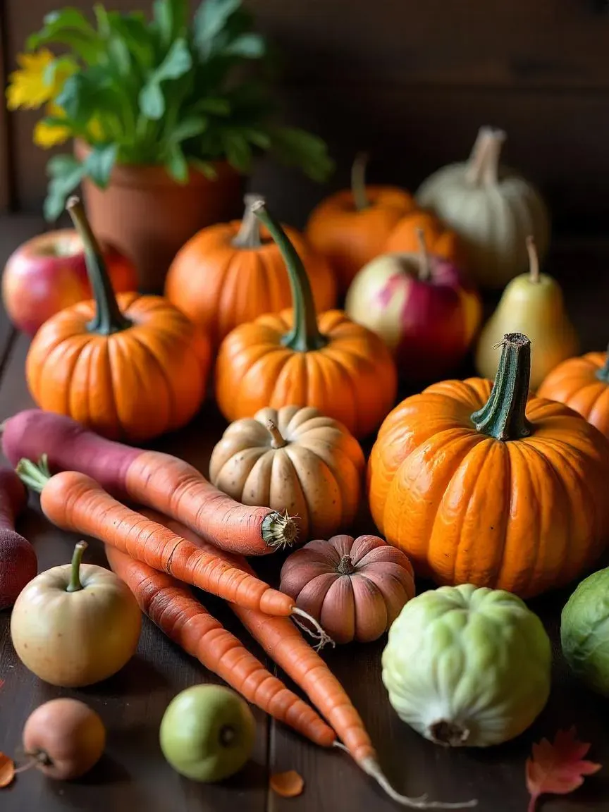 Autumn seasonal produce with pumpkins, squash, root vegetables, apples, pears, and Brussels sprouts on a wooden table.

