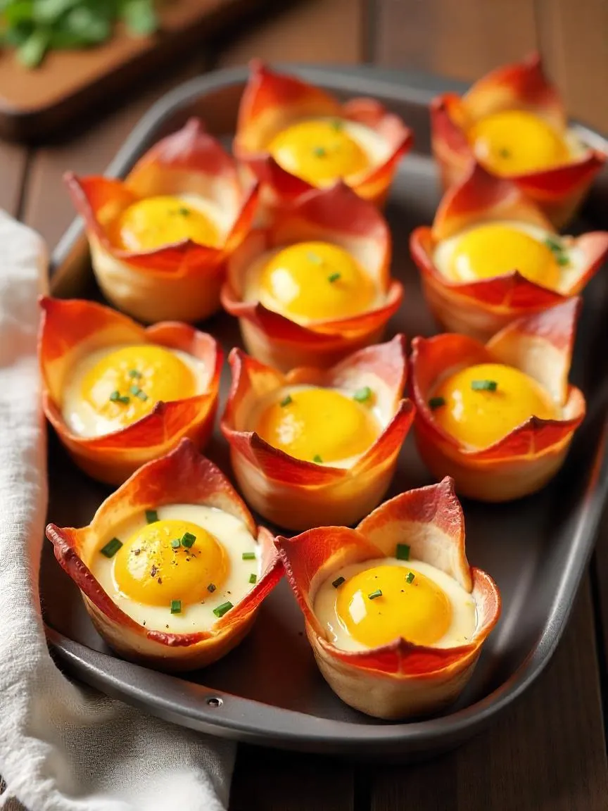 Crispy bacon and egg cups baked in a muffin tin, with golden yolks and garnished with herbs, arranged on a serving tray.