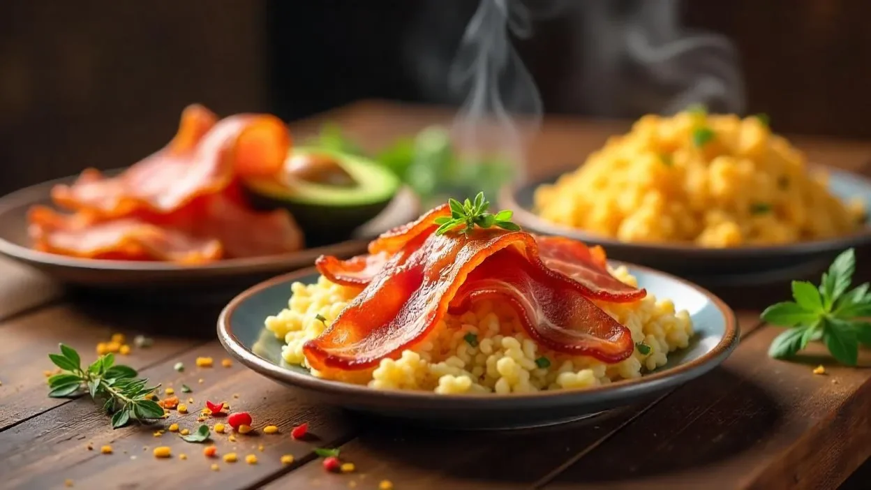 A wooden table with various bacon dishes like crispy bacon, bacon-wrapped avocado, fried rice, and a grilled cheese sandwich, styled with herbs and steam rising.