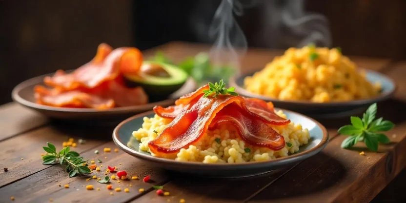 A wooden table with various bacon dishes like crispy bacon, bacon-wrapped avocado, fried rice, and a grilled cheese sandwich, styled with herbs and steam rising.