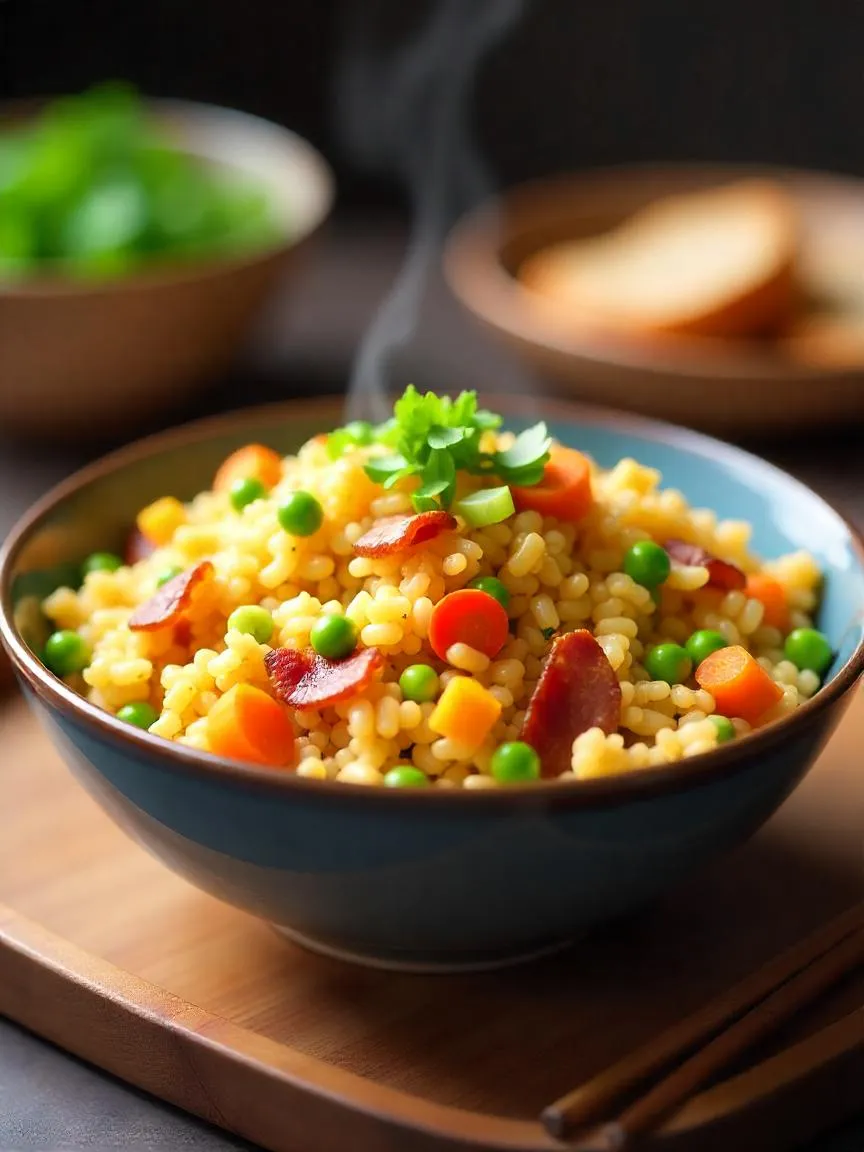 A bowl of hot bacon fried rice, garnished with green onions and served with a spoon on a wooden surface.