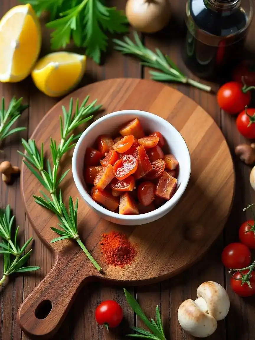 Fresh herbs, spices, and vegetables arranged around a bowl of bacon bits, illustrating balanced bacon pairings. 