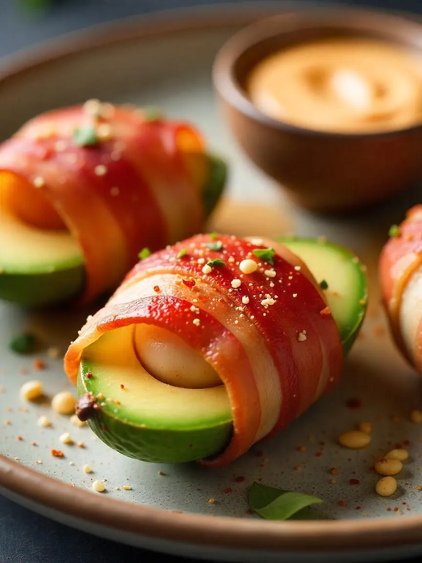 Crispy bacon-wrapped avocado slices served on a rustic plate with chili flakes and a side of spicy aioli. 