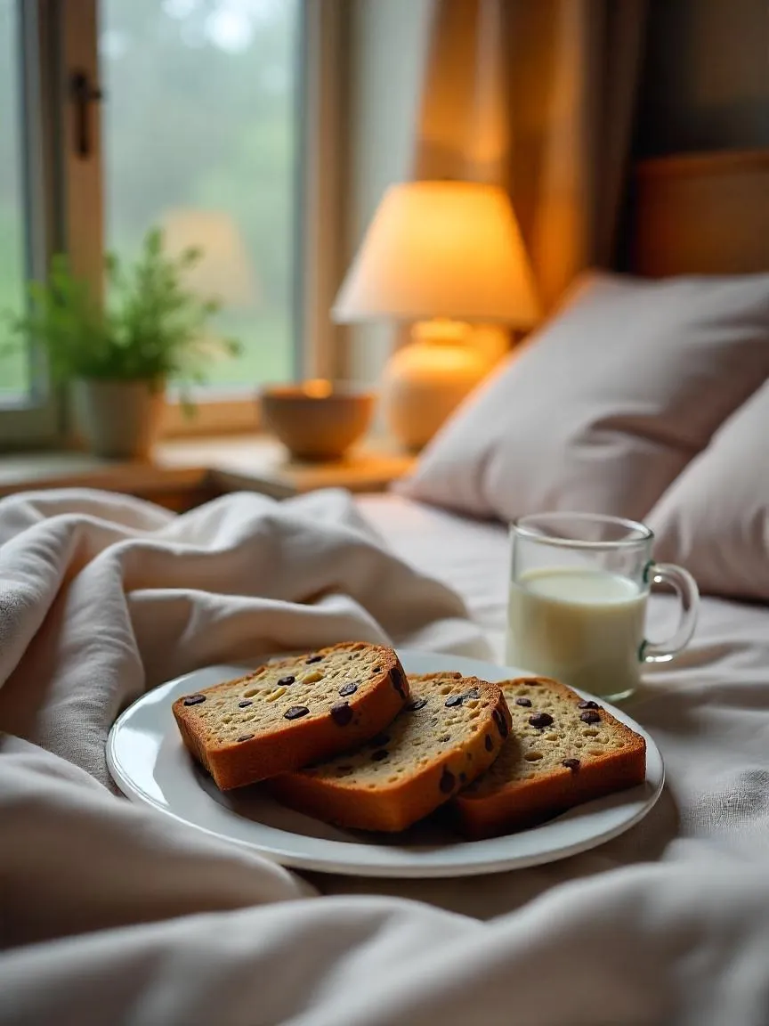 A plate of banana bread and cookies on a tray in bed with soft blankets, warm light, and rainy window in the background. 