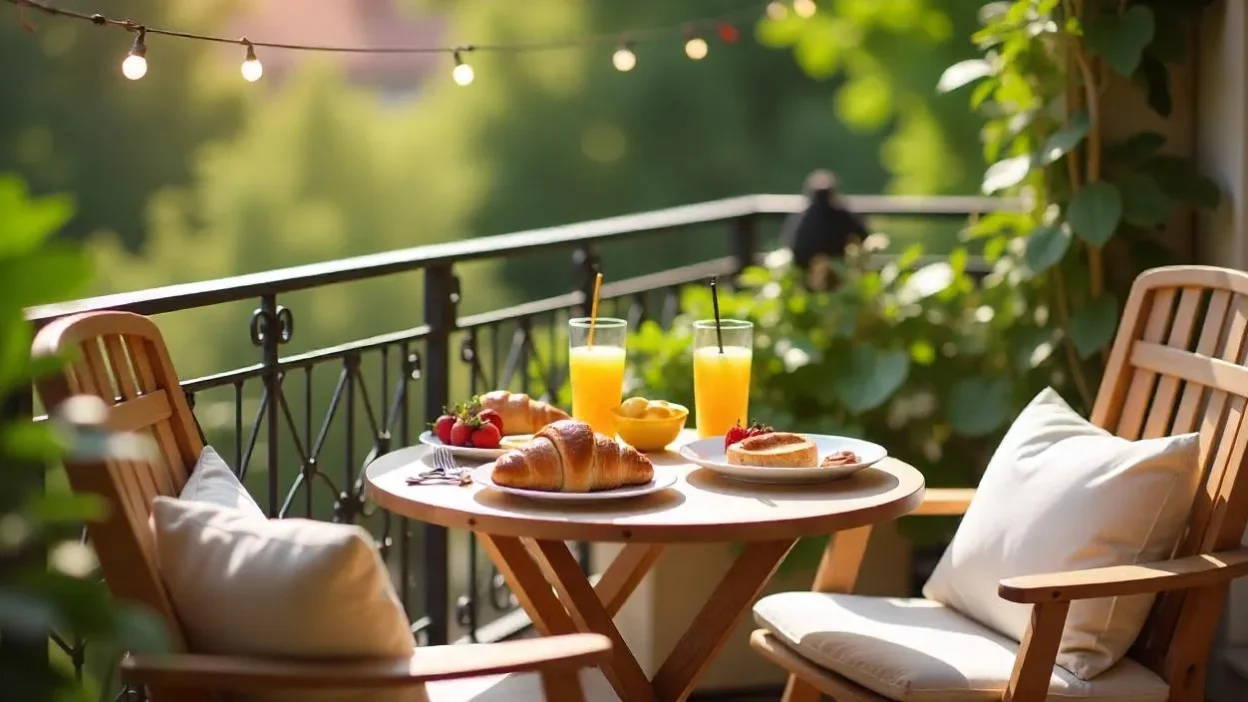 A sunlit city balcony with a round table set for brunch, featuring croissants, fruit, and drinks. Cushions, plants, and string lights add a cozy vacation feel.