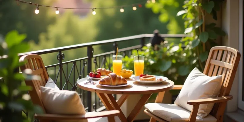 A sunlit city balcony with a round table set for brunch, featuring croissants, fruit, and drinks. Cushions, plants, and string lights add a cozy vacation feel.