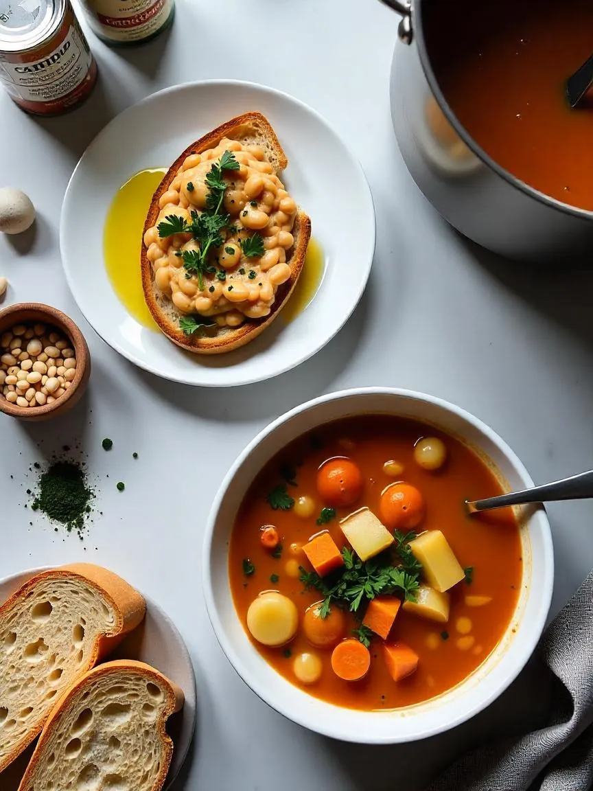 A selection of simple snacks and breakfast items arranged on a table, including granola bars, fruit, yogurt, and toast with spreads.