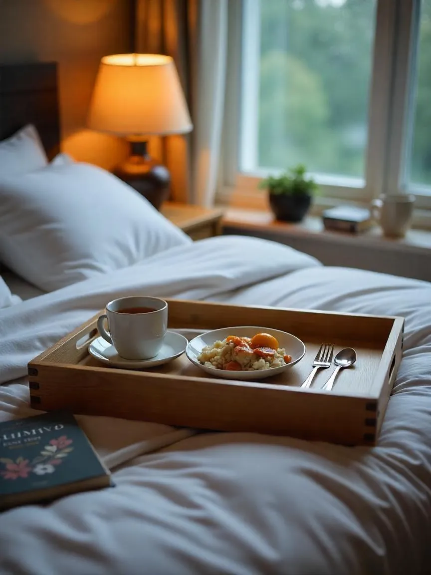 A tidy tray with a cozy meal setup in bed, complete with a spill-proof cup, napkins, and soft lighting, next to a rainy window. 