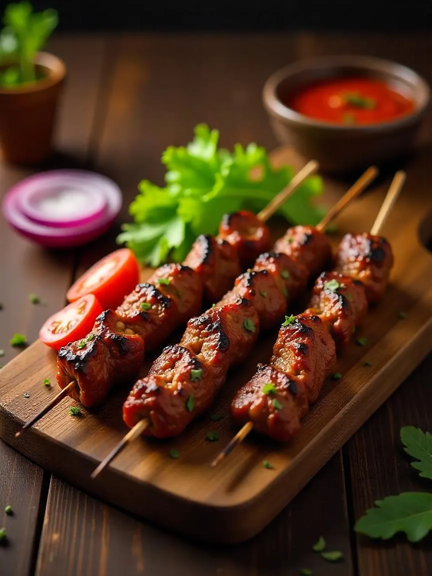 Grilled beef suya skewers with onions, tomatoes, and lettuce on a wooden board. 