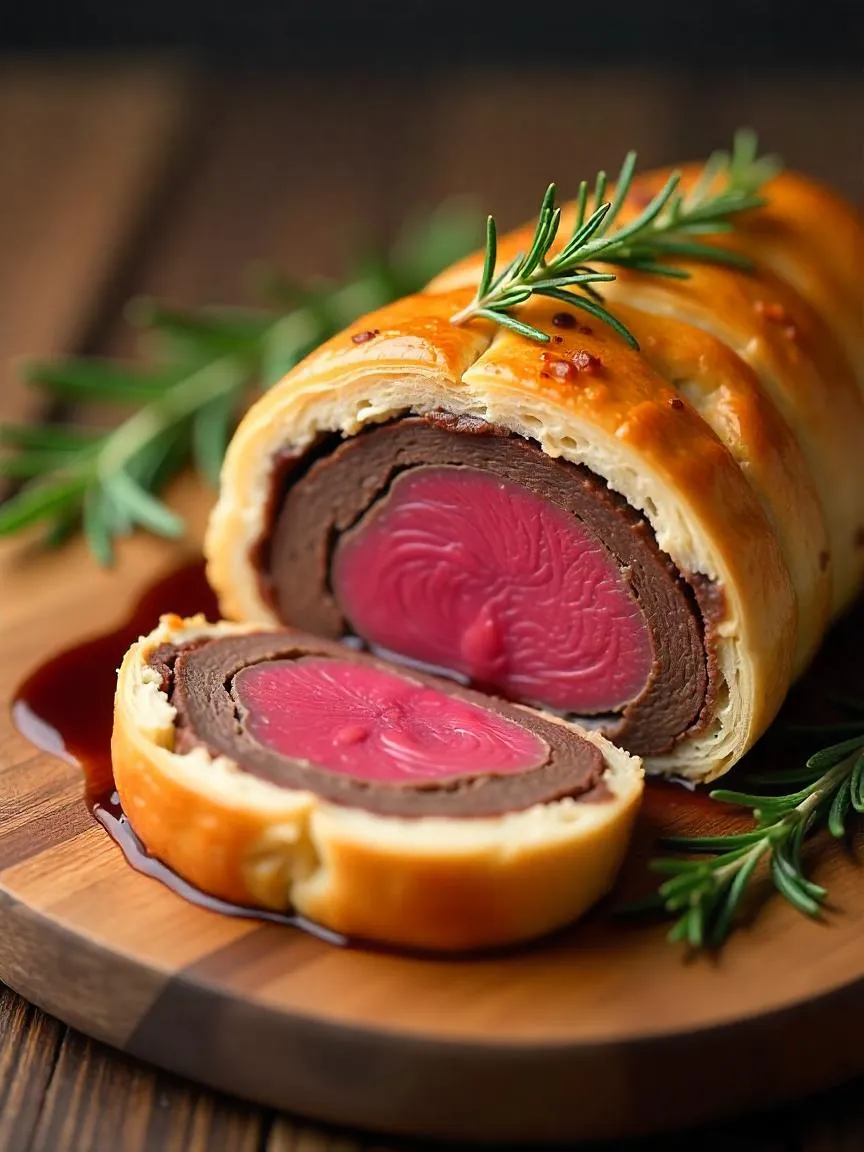 Sliced Beef Wellington with golden puff pastry, medium-rare beef, red wine sauce, and rosemary on a rustic wooden table.


