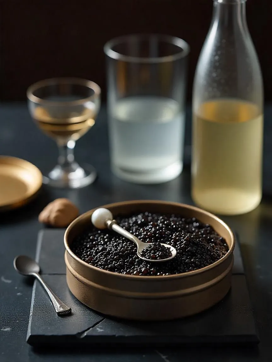 Beluga caviar paired with Champagne, vodka, and sake — luxury beverage and caviar presentation.