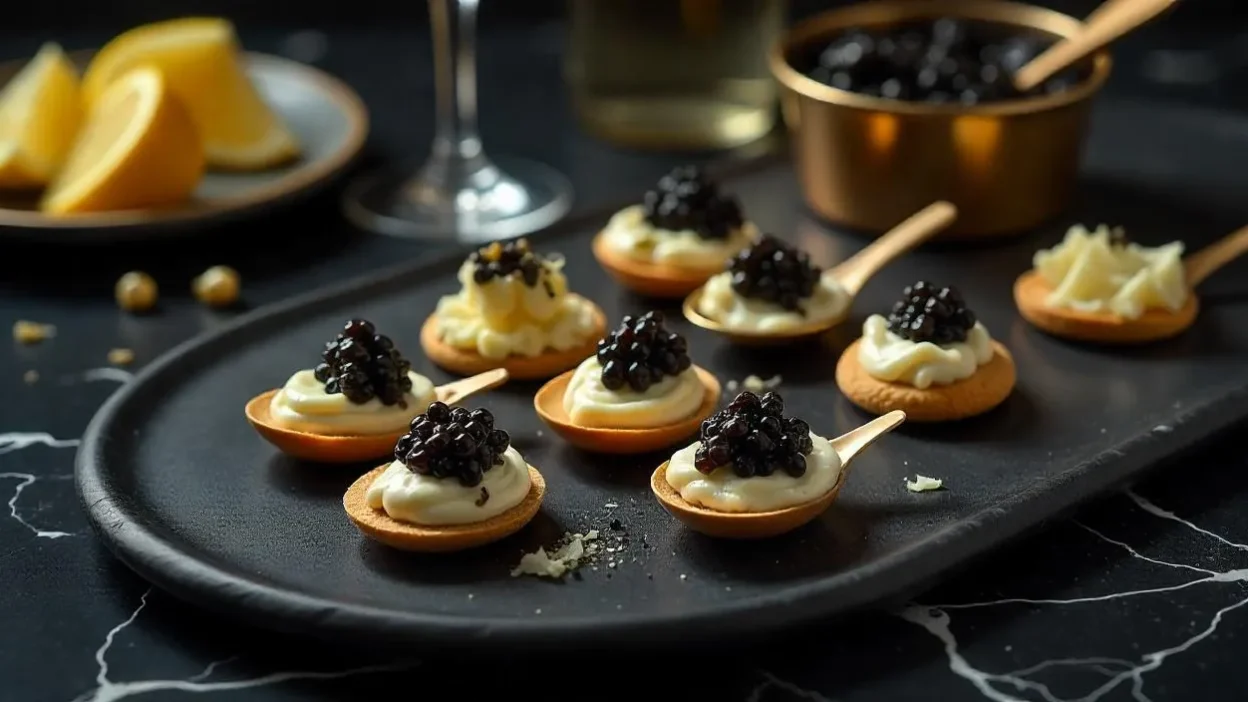Beluga caviar served on blini with crème fraîche, mother-of-pearl spoons, and Champagne on a dark marble table – a luxurious gourmet presentation.