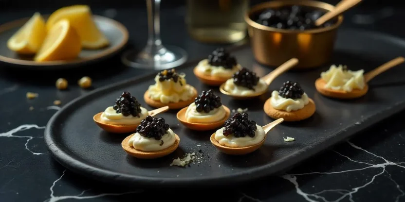 Beluga caviar served on blini with crème fraîche, mother-of-pearl spoons, and Champagne on a dark marble table – a luxurious gourmet presentation.