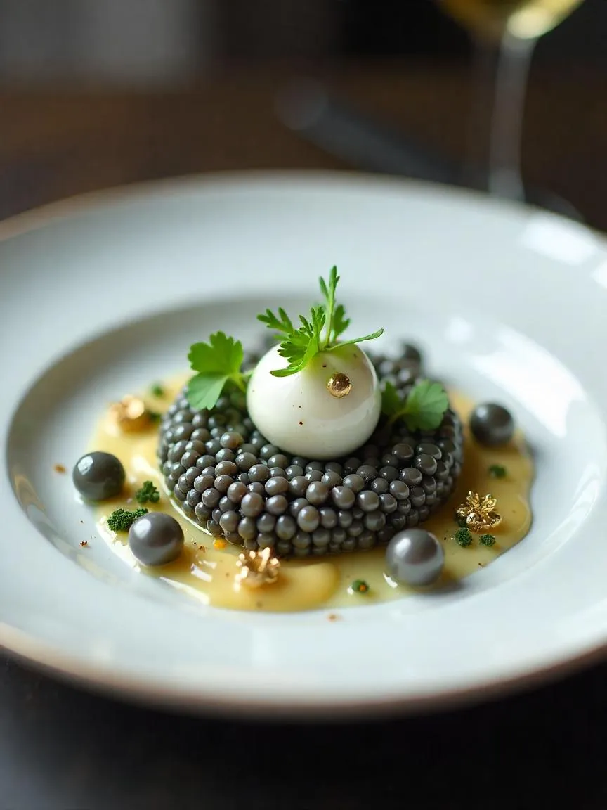 Gourmet dish with Beluga caviar, crème fraîche, and gold leaf on fine porcelain in a luxury dining setting.