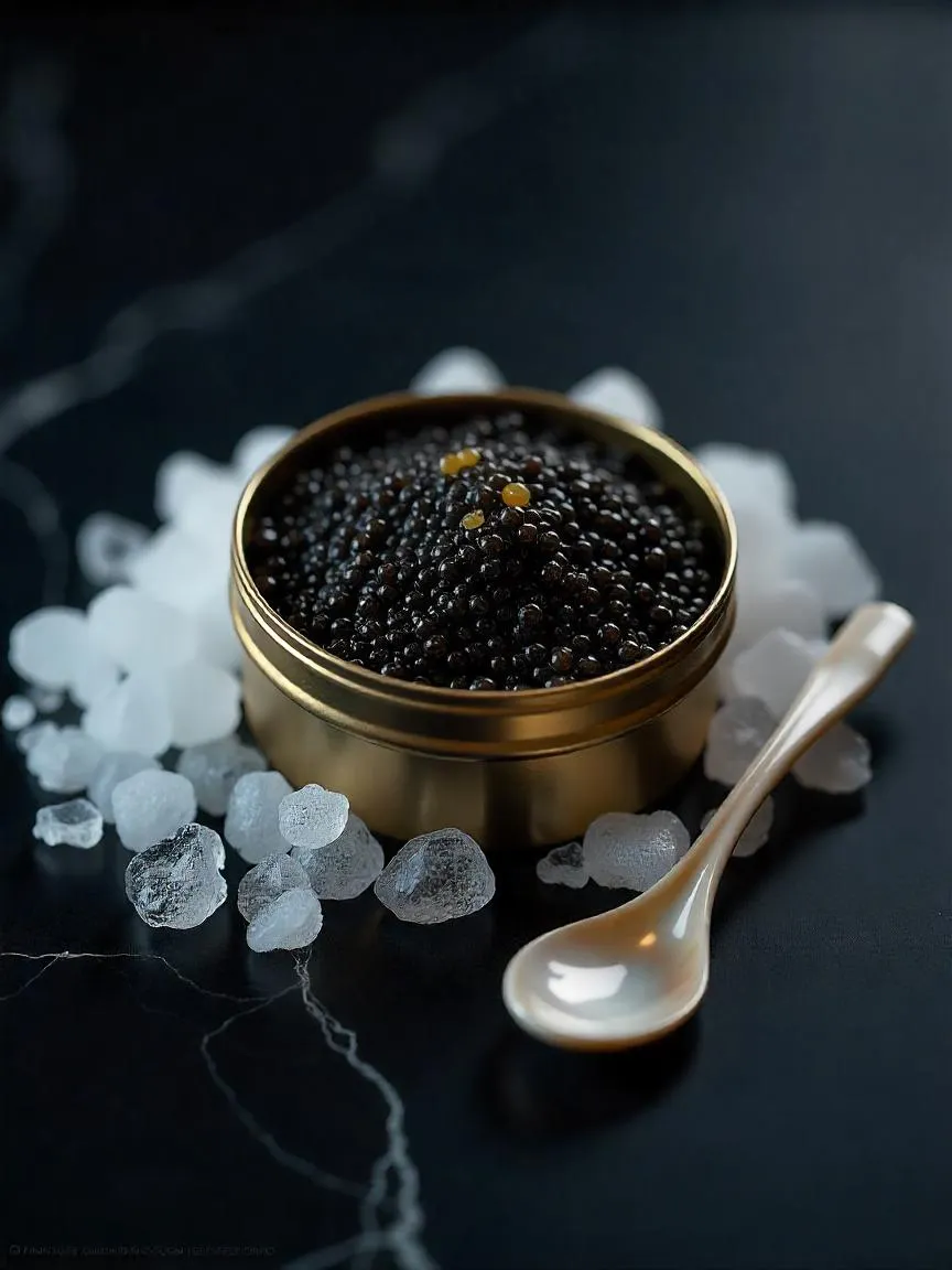 Tin of Beluga caviar on ice with $25,000 price tag and mother-of-pearl spoon on a dark luxury background.