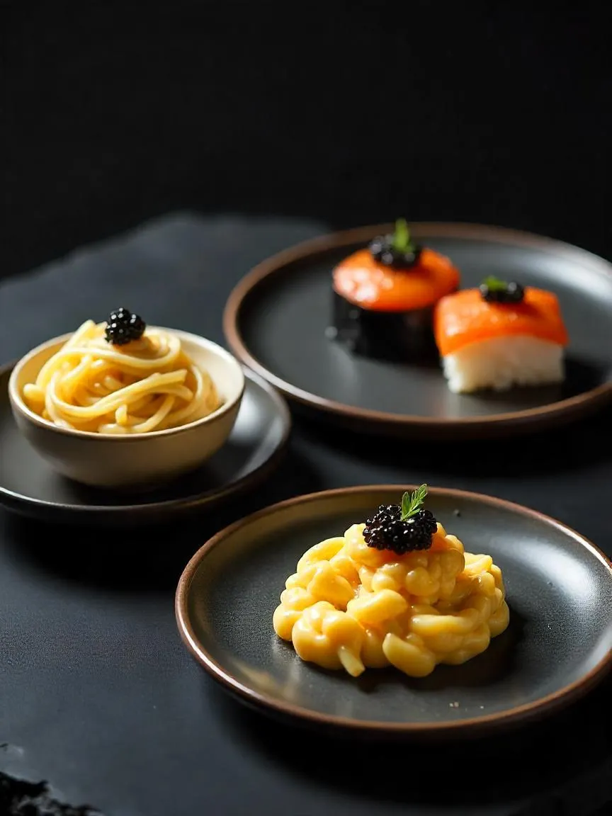 Modern gourmet dishes with Beluga caviar: pasta, sushi, and scrambled eggs with elegant plating.