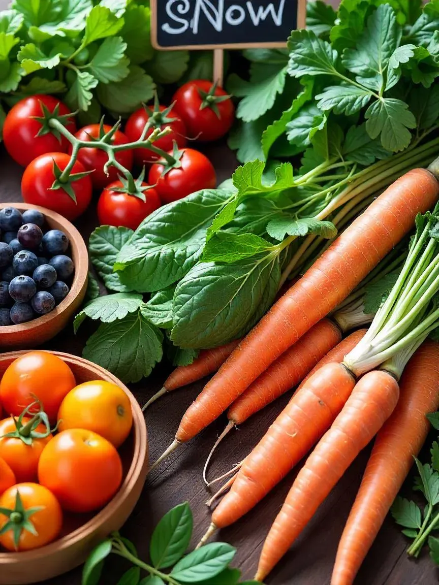 Seasonal fruits and vegetables labeled for flavor, freshness, nutrition, and sustainability benefits.

