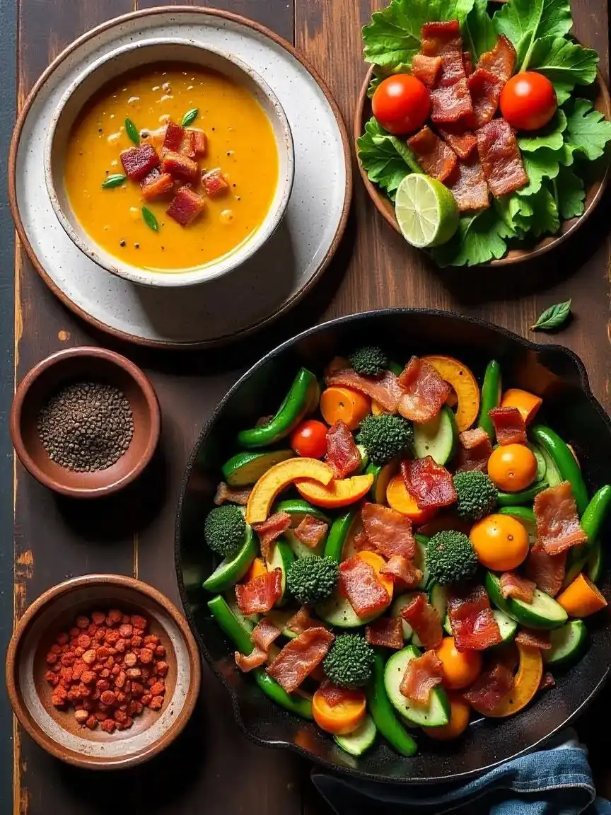 An assortment of dishes showcasing how bacon enhances flavor—salads, soups, and vegetables all include crispy bacon pieces. 