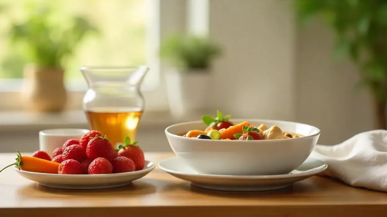 Recovery meal with chicken soup, soft fruits, herbal tea, and water on a cozy table setting.