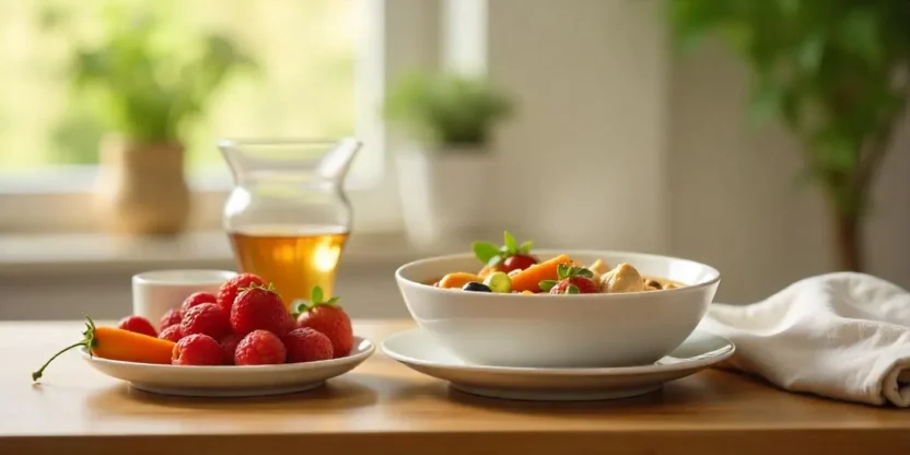 Recovery meal with chicken soup, soft fruits, herbal tea, and water on a cozy table setting.