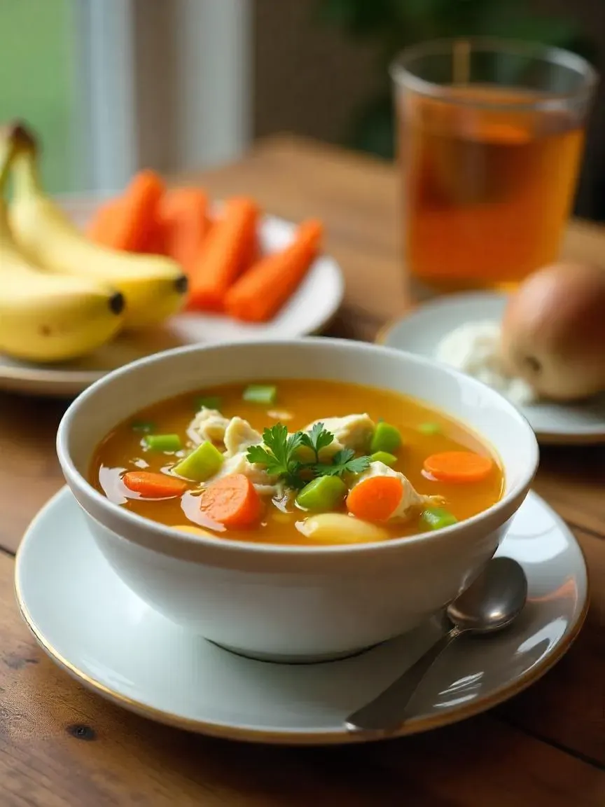 Recovery meal with chicken soup, soft fruits, applesauce, avocado, steamed carrots, herbal tea, and water.

