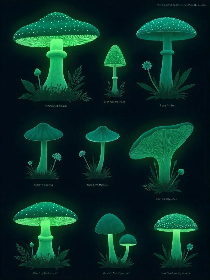 Infographic showing different glowing mushroom species with labels, glowing softly against a dark forest-style background.