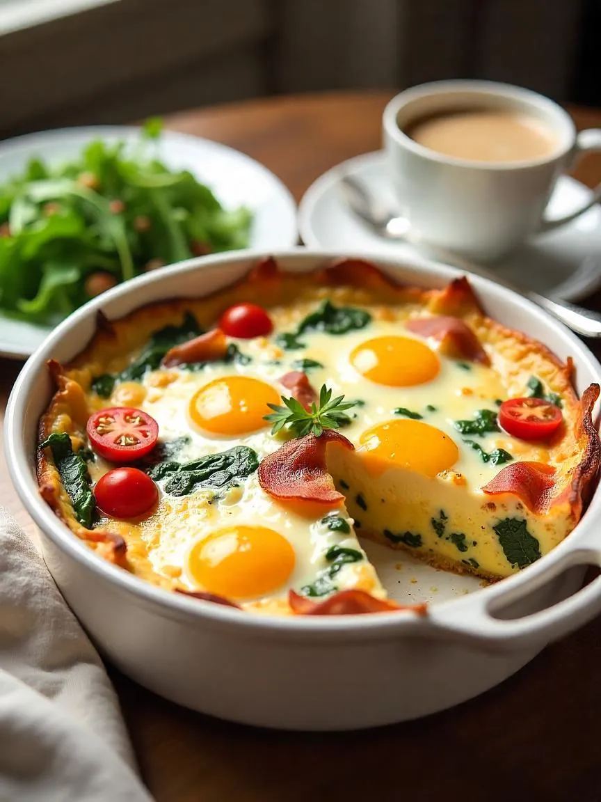 Golden-baked BLT egg casserole with layers of bacon, tomato, and herbs in a ceramic dish, served with salad and coffee. 