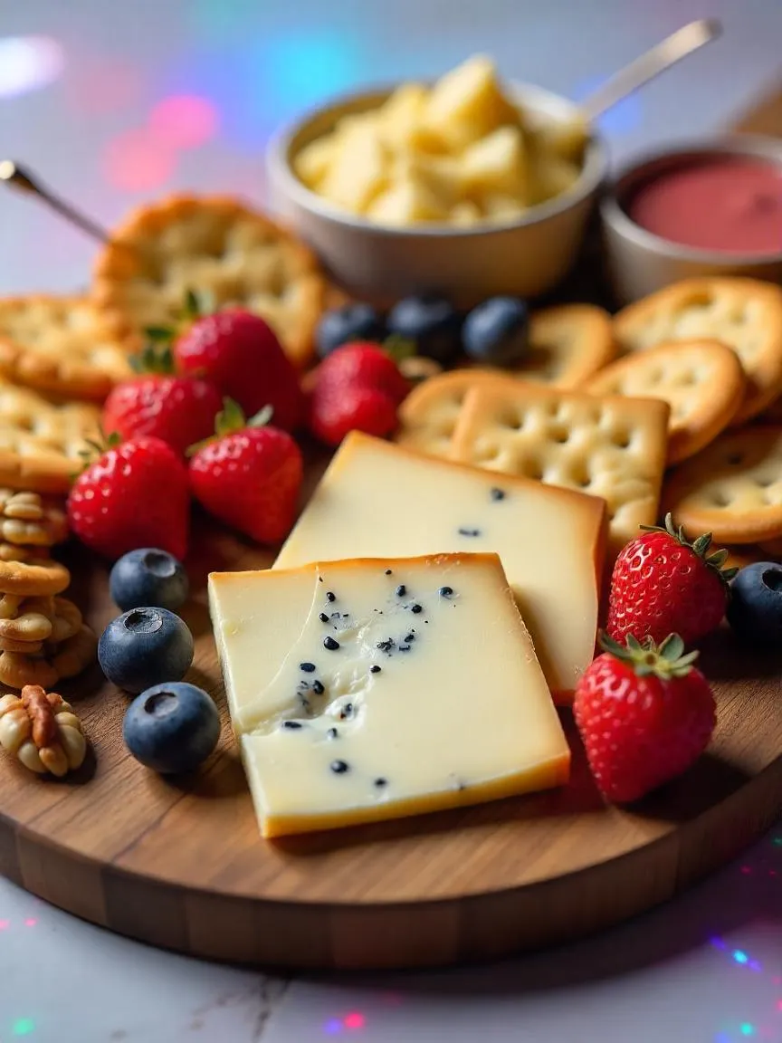 A beautifully arranged platter featuring slices of creamy Danish Danablu blue cheese paired with a variety of sauces, fresh berries, crunchy crackers, and toasted nuts.